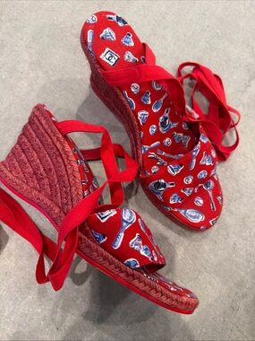 Chanel Badminton/Tennis Theme RED Blue Espadrille Wedge Sandals Vintage 39.5 9.5